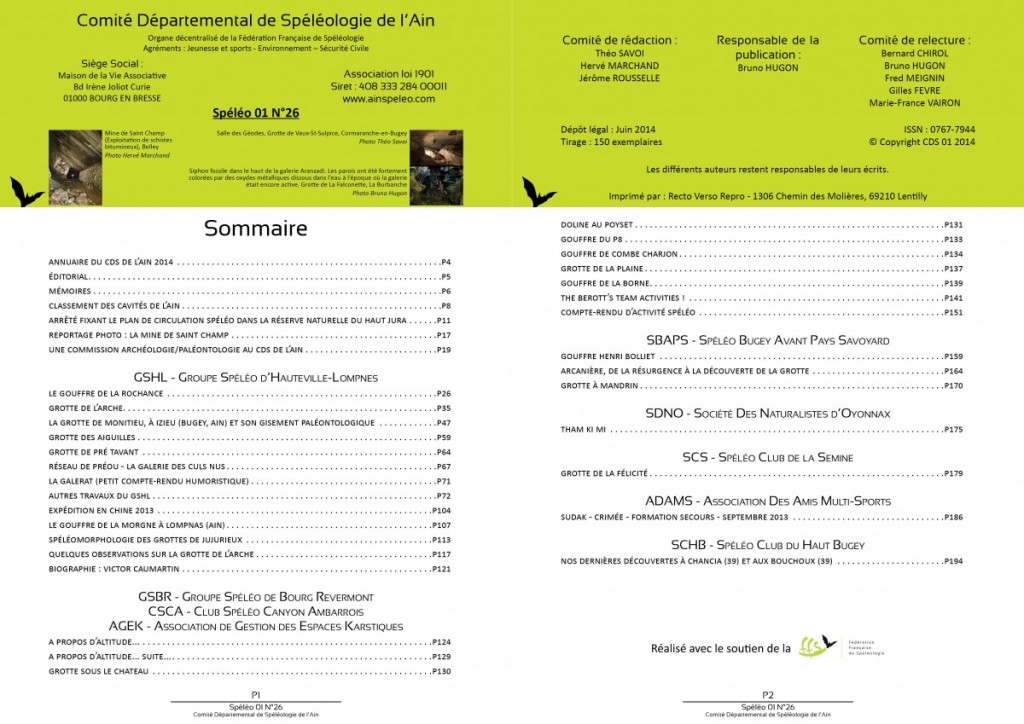 Sommaire Spéléo 01 n°26